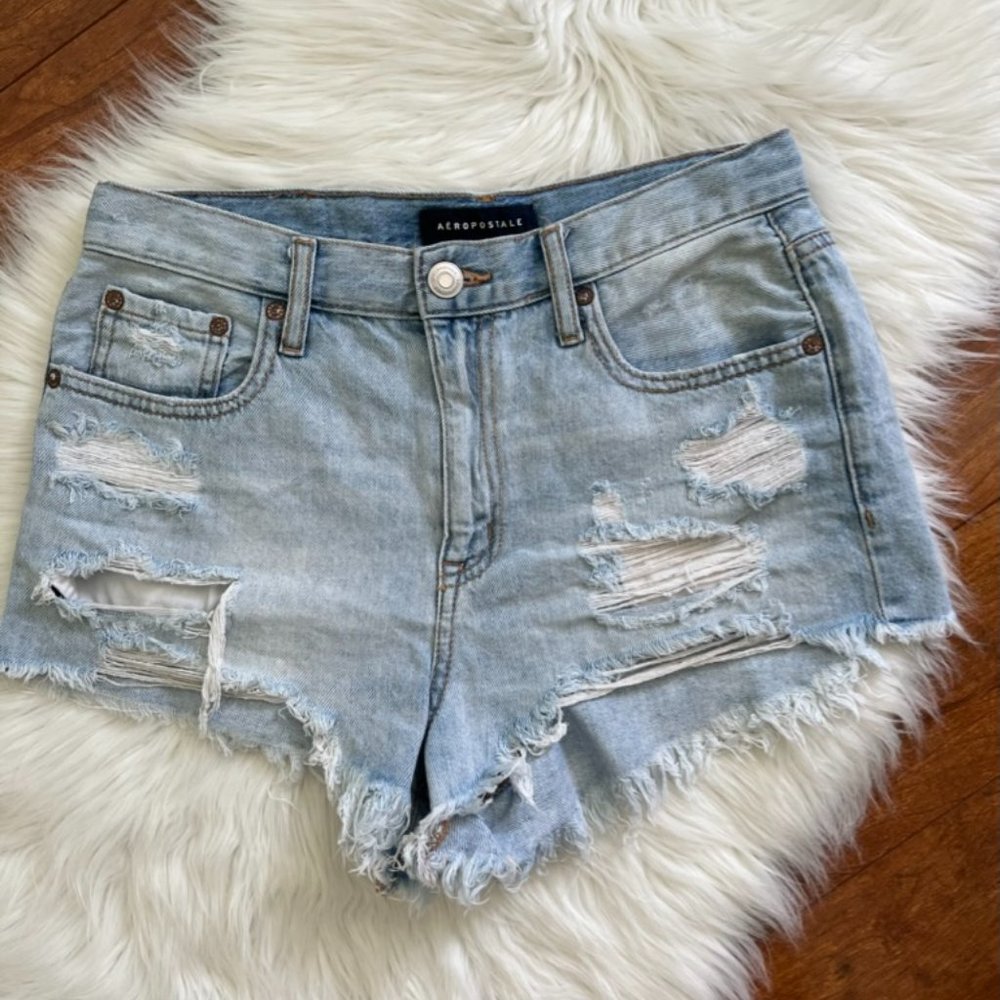 Aéropostale High Rise Shorty Blue Denim Distressed Fringed Jean Shorts Size 4